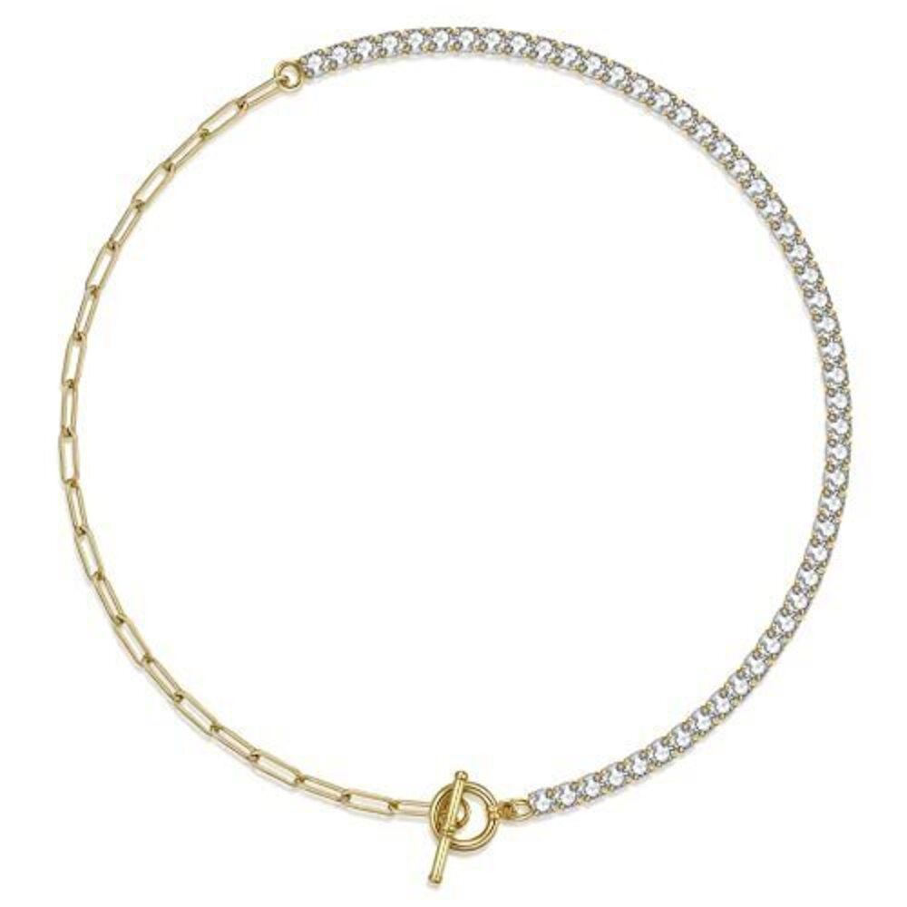2252 Gold CZ Tennis Necklace 18K Gold Plated Paper Clip Link Chain Choker
